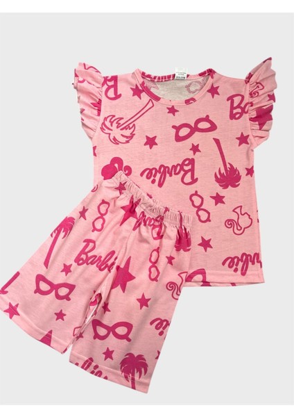 Kız Çocuk Pamuklu Pembe Palmiye Ağaç Gözlük Desenli Kısa Kollu Şortlu Yazlık Pijama Takımı