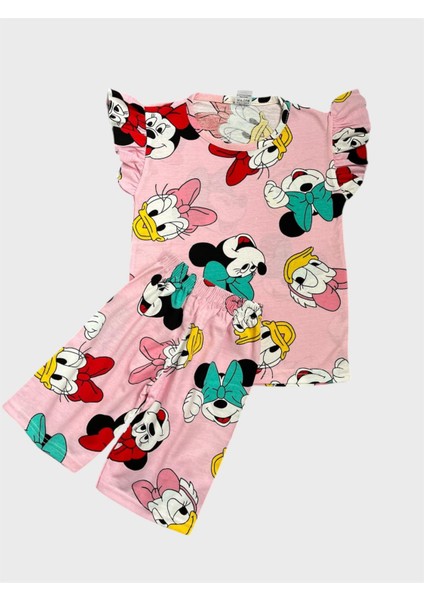 Kız Çocuk Pamuklu Pembe Sevimli Ördekler Desenli Kısa Kollu Şortlu Yazlık Pijama Takımı