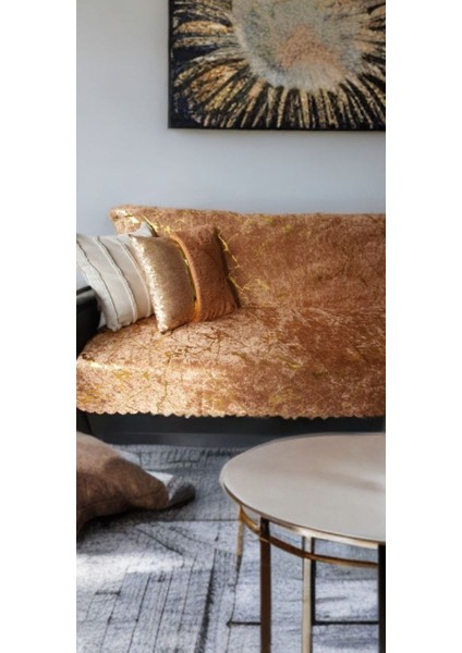 Koltuk Örtüsü Varakli Desen Özel Kaymaz Taban Süngerli ( 1 Ad ) Ölçüm 160X200 cm Çekyat Örtüsü Altin