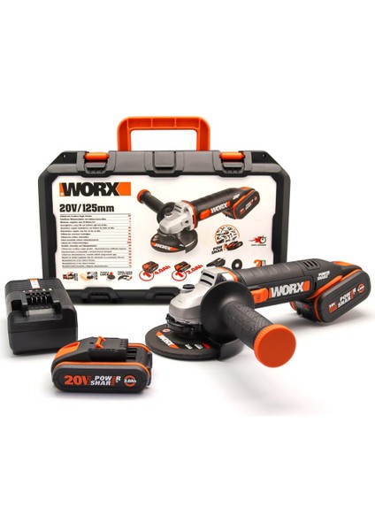 WX803 20VOLT 2.0/4.0 Ah. Li-Ion Çift Akülü 125MM Profesyonel Şarjlı Avuç Taşlama