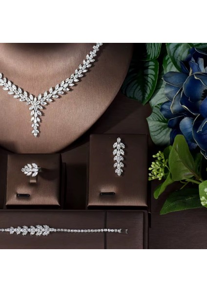 Helen Zirkon Taşlı Takı Seti Kolye Küpe Yüzük Bileklik Set