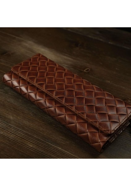 Hasır Örgülü Şık ve Fonksiyonel Deri Cüzdan ve Kartlık Universal Telefon Kılıfı