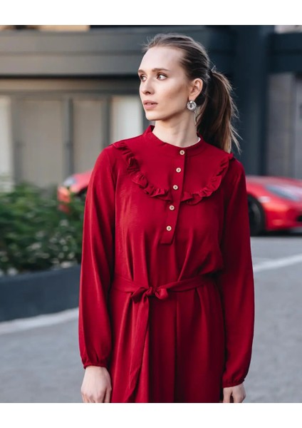 Kadın Bordo Önü Düğmeli Kuşaklı Yakası Fırfırlı Jessica Ayrobin Elbise Şık