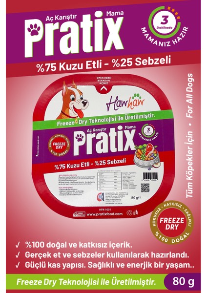 Pratix Aç Karıştır Yeni Nesil Kuzu&sebze Freeze Dry Doğal Katkısız Tabaklı Öğün Köpek Maması