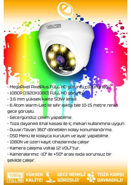 1 Dome Kamera Dome İç Mekan Full HD Renkli Gece Görüşlü Warmled Kameralı AHD Güvenlik Kamerası