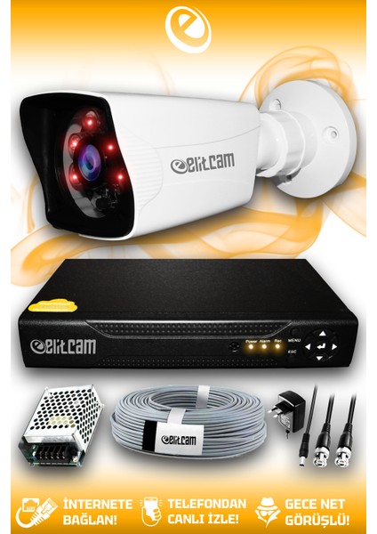 1 Kameralı Kare 1 Dış Kamera Set HDD'siz Full HD Gece Görüşlü Güvenlik Kamerası Sistemi