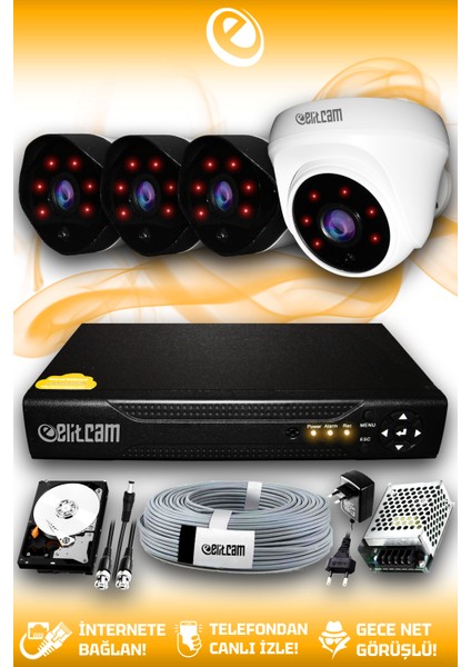4 Kameralı Uzay 1 İç Kamera Set 250 GB HDD Full HD Gece Görüşlü Güvenlik Kamerası Sistemi