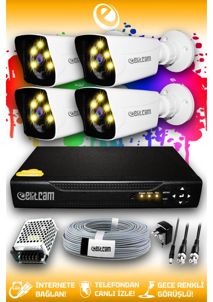 4 Kameralı Kare 4 Dış Kamera Set HDD'siz Full HD Renkli Gece Görüşlü Güvenlik Kamerası Sistemi