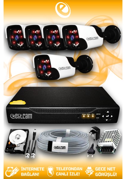 5 Kameralı Panda 5 Dış Kamera Set 500 GB HDD Full HD Gece Görüşlü Güvenlik Kamerası Sistemi