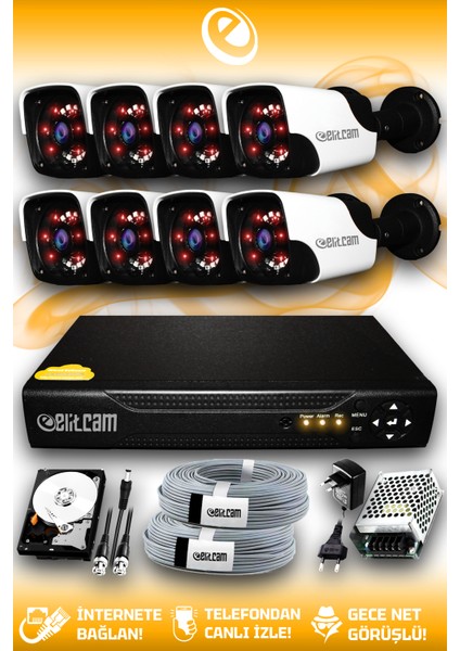 8 Kameralı Panda 8 Dış Kamera Set 250 GB HDD Full HD Gece Görüşlü Güvenlik Kamerası Sistemi