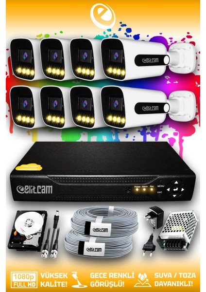 8 Kameralı Zebra 8 Dış Kamera Set 1 TB HDD Full HD Renkli Gece Görüşlü Güvenlik Kamerası Sistemi