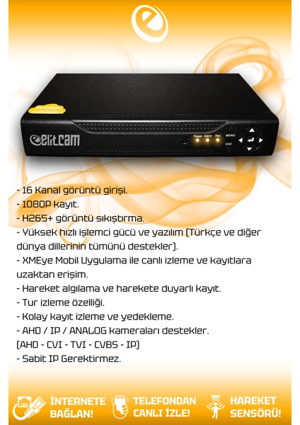 16 Kameralı Kare 16 Dış Kamera Set 1 TB HDD Full HD Gece Görüşlü Güvenlik Kamerası Sistemi