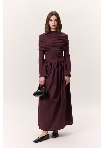 Geniş Etekli Uzun Elbise Bordo