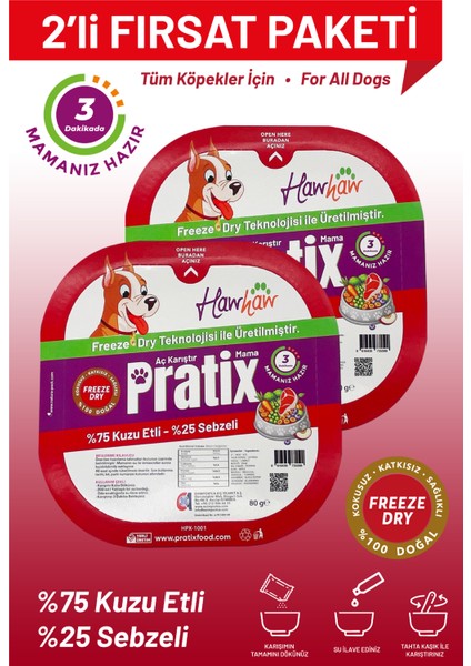 Pratix Aç Karıştır Yeni Nesil Kuzu&sebze Freeze Dry Doğal Katkısız Tabaklı Öğün Köpek Maması 2x