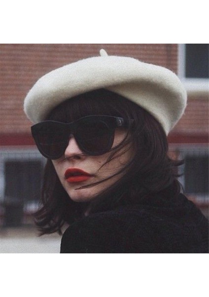 Sıcak Yün Astarlı Örgü Şapka Moda Sanatçı Kış Şapkası-Beyaz (Yurt Dışından) indirimleri