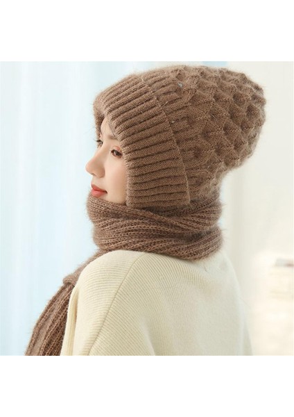 Kadın Peluş Astarlı Akrilik Balaklava Başlıklı Atkı Şapka-D (Yurt Dışından)