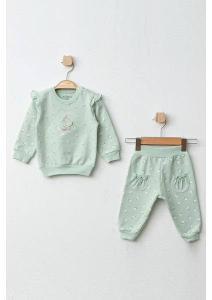 Kız Bebek Çiçek Desenli Sweatshirt Pantolon 2 'li Alt Üst Bebek Takımı 3 Ay-18 Ay