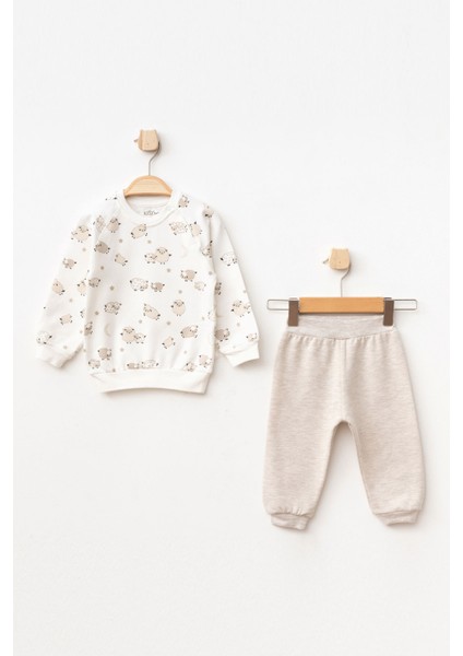 Erkek Bebek Kuzu Desenli Sweatshirt Pantolon 2 'li Alt Üst Bebek Takımı 3 Ay - 18 Ay