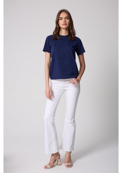Kadın T-Shirt Lacivert Parçalı Dikiş Detaylı Regular Fit Basic - 2509