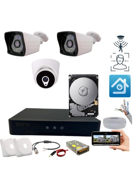 Arna 2 Dış 1 Iç Kameralı H.265 Hareket Algılama Özellikli 250 Gd HDD Dahil 3'lü Kamera Sistemi - ST23250F