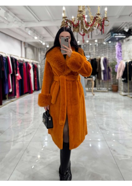 Dora Uzun Kuşaklı Yak Kol Detaylı Vip Ithal Kürk Turuncu