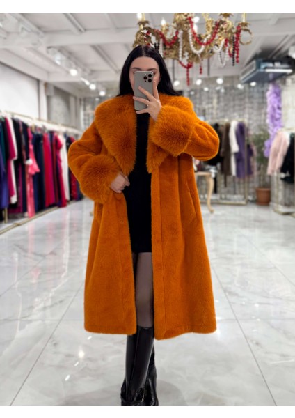 Dora Uzun Kuşaklı Yak Kol Detaylı Vip Ithal Kürk Turuncu modelleri