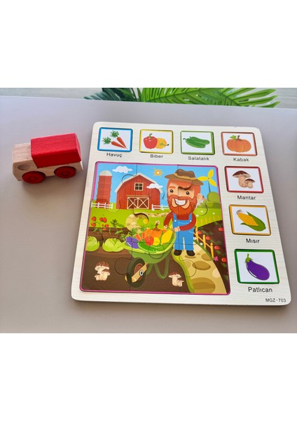 Ahşap Masif Puzzle ve Araba Seti-Meyveleri Öğrenme-Manavcılık-Eğitici Oyun Yapboz-Çocuk Gelişimi