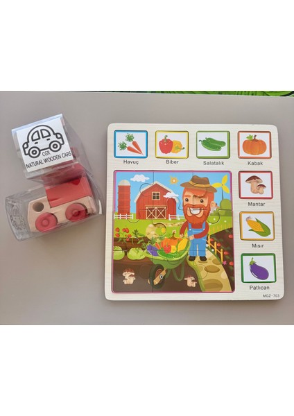 Ahşap Masif Puzzle ve Araba Seti-Meyveleri Öğrenme-Manavcılık-Eğitici Oyun Yapboz-Çocuk Gelişimi fırsatları