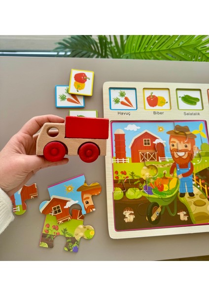 Ahşap Masif Puzzle ve Araba Seti-Meyveleri Öğrenme-Manavcılık-Eğitici Oyun Yapboz-Çocuk Gelişimi indirimleri