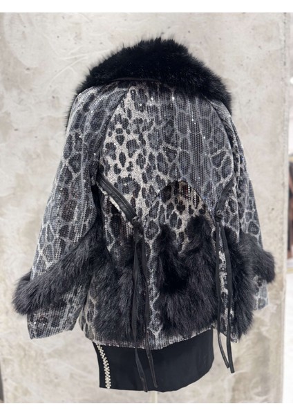 Kendra Leopar Desenli Pul Payet Işlemeli Deri Detaylı Ithal Vip Kürk Siyah