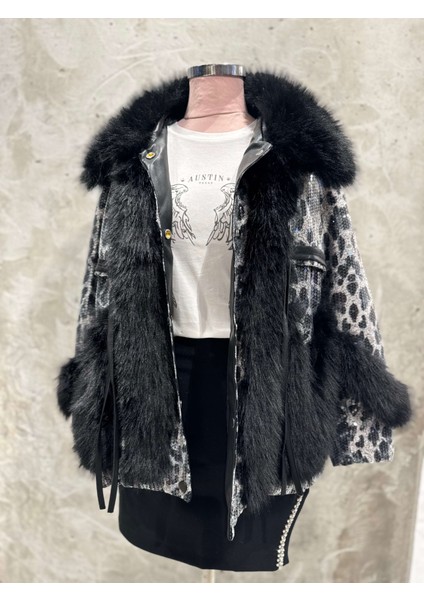 Kendra Leopar Desenli Pul Payet Işlemeli Deri Detaylı Ithal Vip Kürk Siyah fiyatları