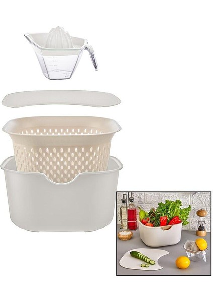Krem 5pcs Mutfak Seti Pls.karıştırma Kap=4lt - Süzgeç=3.5lt - Kesim Pano - Sıka - MCT6894-1203