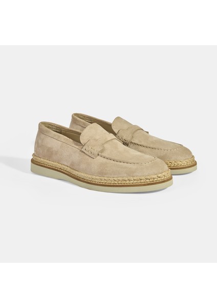 Bej Erkek Örgü Detaylı Süet Loafer