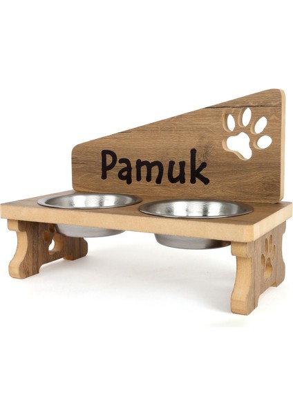 Özel Isim Baskılı Çelik Kaseli Ahşap Kedi Köpek Mama ve Su Kabı Standı Mdf 2X350 ml