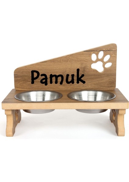 Özel Isim Baskılı Çelik Kaseli Ahşap Kedi Köpek Mama ve Su Kabı Standı Mdf 2X350 ml