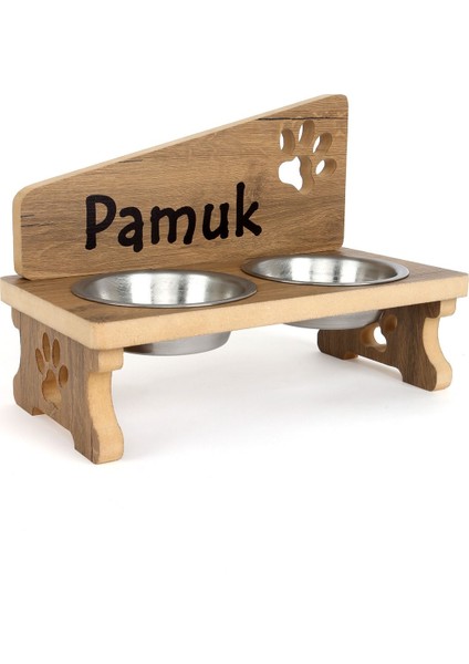 Özel Isim Baskılı Çelik Kaseli Ahşap Kedi Köpek Mama ve Su Kabı Standı Mdf 2X350 ml