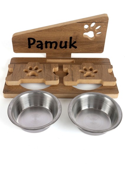 Özel Isim Baskılı Çelik Kaseli Ahşap Kedi Köpek Mama ve Su Kabı Standı Mdf 2X350 ml