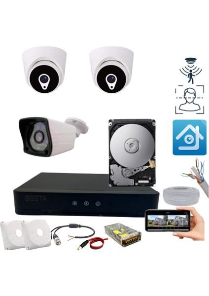 Arna 1 Dış 2 Iç Kameralı H.265 Hareket Algılama Özellikli 250 GB HDD Dahil 3'lü Kamera Sistemi - ST212250M