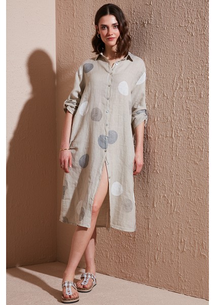 Via Dante % 100 Keten Regular Fit Desenli Midi Elbise Bayan Elbise 7250S635