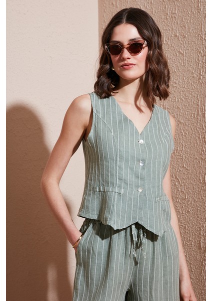 Via Dante Çizgili Regular Fit V Yaka Keten Yelek Bayan Yelek 6333544