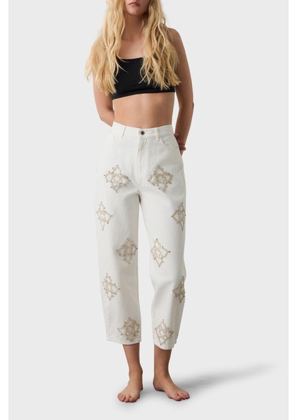 Taşlı Pamuk Slim Fit Yüksk Bel Boru Paça Pantolon Bayan Pantolon 053