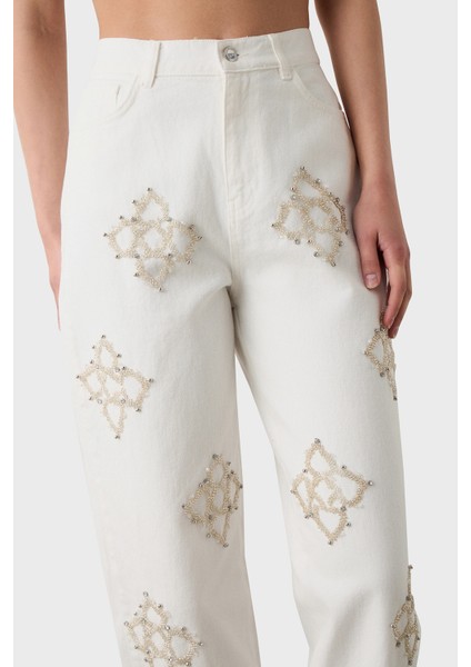 Taşlı Pamuk Slim Fit Yüksk Bel Boru Paça Pantolon Bayan Pantolon 053 fırsatları