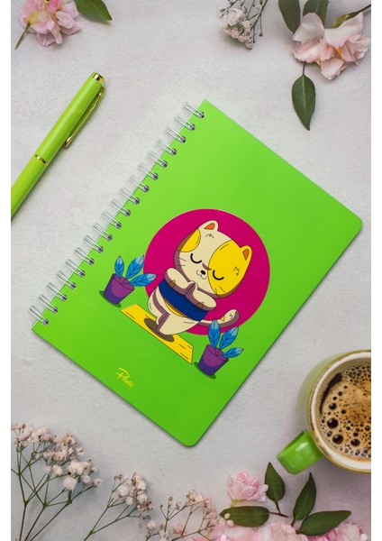 Meditation Cat Neon Yeşil Kareli Defter 17X24