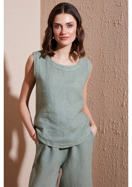 Via Dante Regular Fit Yuvarlak Yaka Oval Kesim Keten Top Bayan Top 6251544