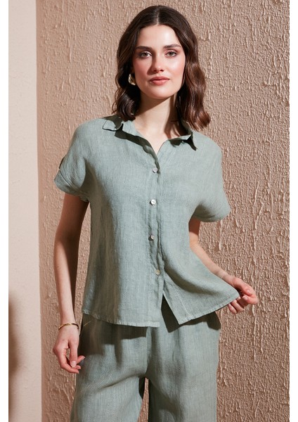 Via Dante Çizgili Regular Fit Düz Yaka Kısa Kollu Keten Gömlek Bayan Gömlek 6140RN544