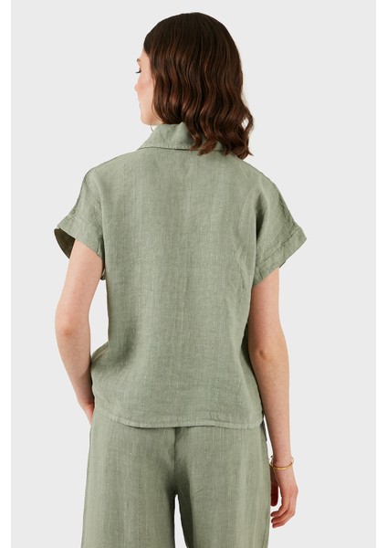 Via Dante Çizgili Regular Fit Düz Yaka Kısa Kollu Keten Gömlek Bayan Gömlek 6140RN544 fiyatları