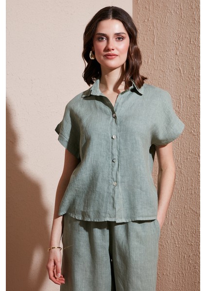 Via Dante Çizgili Regular Fit Düz Yaka Kısa Kollu Keten Gömlek Bayan Gömlek 6140RN544 modelleri