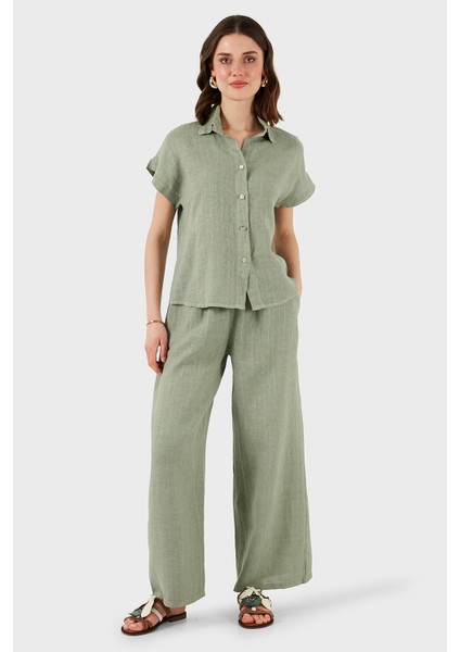 Via Dante Çizgili Regular Fit Düz Yaka Kısa Kollu Keten Gömlek Bayan Gömlek 6140RN544 fırsatları