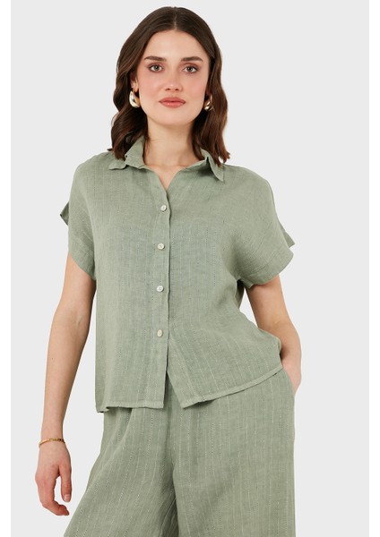 Via Dante Çizgili Regular Fit Düz Yaka Kısa Kollu Keten Gömlek Bayan Gömlek 6140RN544 indirimleri