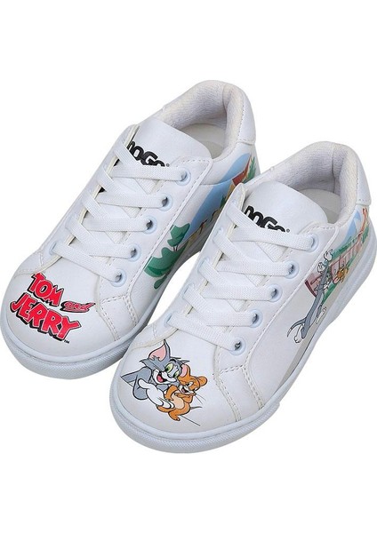 Unisex Çocuk Vegan Deri Beyaz Sneakers - Warner Bros Together-And-Apart Tasarım